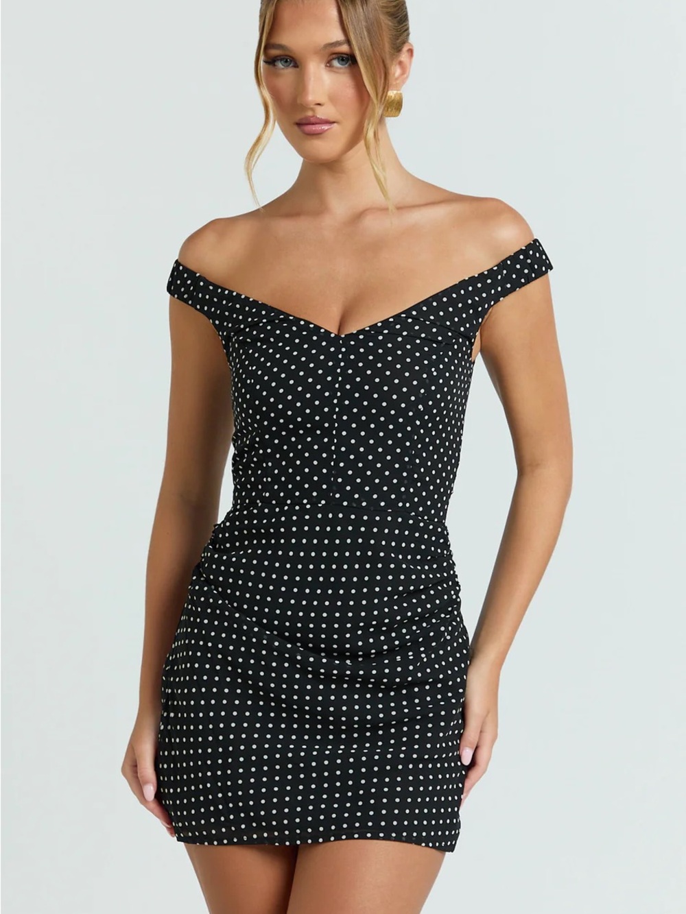 Showpo Black & White Polka Dot Off-Shoulder Mini Dress